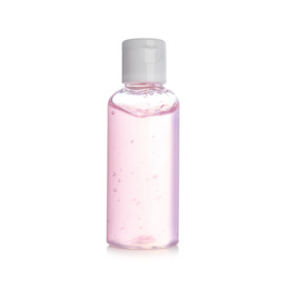 Bottle of antibacterial hand gel on white background