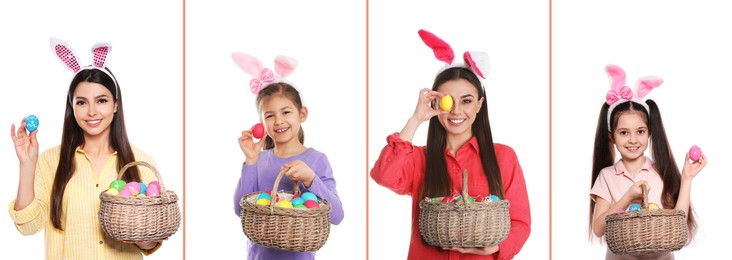 Collage photos of people wearing bunny ears headbands on white background, banner design. Happy Easter