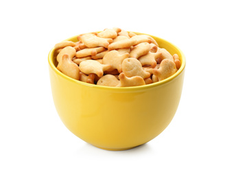 Delicious goldfish crackers in bowl isolated on white