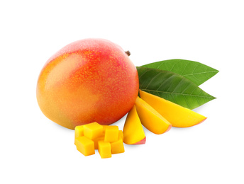 Whole and cut ripe mangoes isolated on white. Exotic fruit