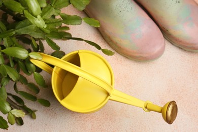 Watering can, gardening tools, rubber boots and green plant on color textured background, flat lay
