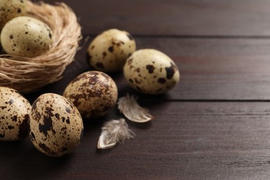 Quail eggs and feathers near nest on wooden table, closeup. Space for text