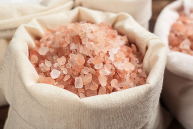 White sack of pink himalayan salt, closeup