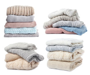 Set of folded and stacked sweaters on white background