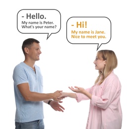 Man and woman talking on white background. Dialogue balloons with phrases in English over them