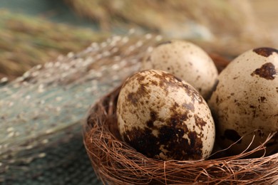 Nest with quail eggs on table, closeup