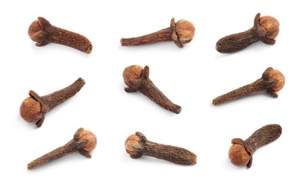 Set with aromatic dried cloves on white background 