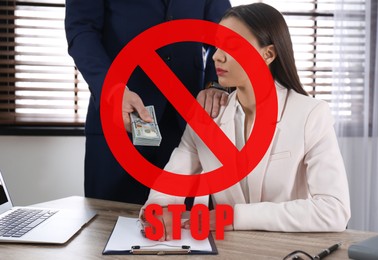 Stop corruption. Illustration of red prohibition sign and man giving bribe to woman at table in office