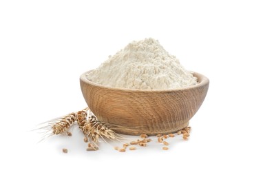 Photo of Flour in bowl, spikelets and grains on white background