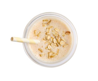 Glass of tasty smoothie with oatmeal on white background