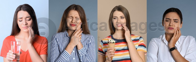 Collage with photos of women suffering from toothache on different color backgrounds. Banner design