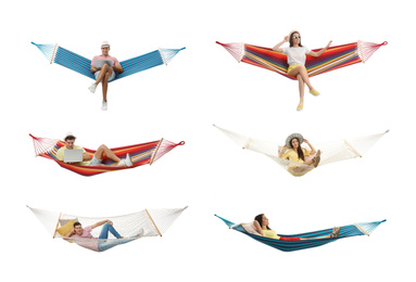 Image of Collage with people resting in different hammocks on white background