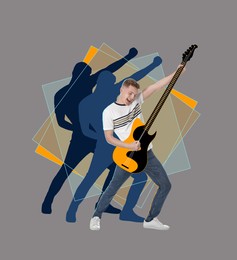 Happy teenage boy having fun with drawn guitar on grey background. Bright creative collage design