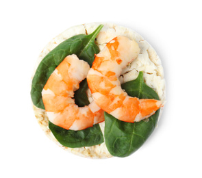 Puffed rice cake with shrimps and basil isolated on white, top view