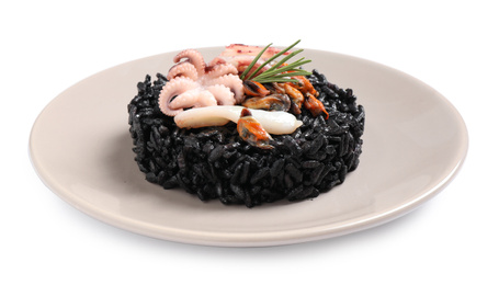 Delicious black risotto with seafood isolated on white