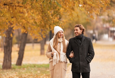 Young romantic couple in park on autumn day