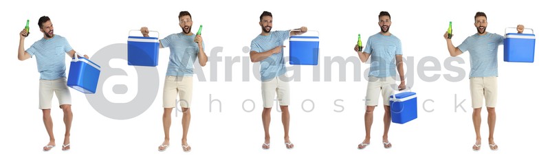 Collage with photos of man holding cool boxes on white background. Banner design