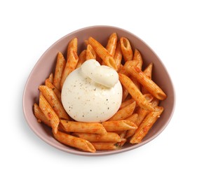 Bowl of delicious pasta with burrata and tomato sauce isolated on white, top view