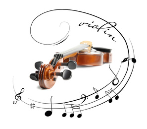 Classic violin and music notes on white background