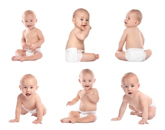 Image of Collage with photos of cute little baby in diaper on white background