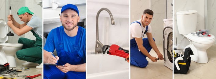 Collage with photos of professional plumbers and their tools, banner design