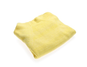 Photo of Yellow woolen sweater isolated on white. Warm clothes