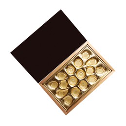 Photo of Empty box of chocolate candies isolated on white, top view