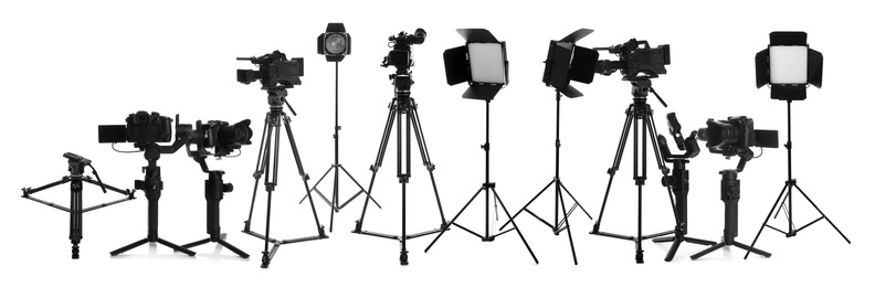 Image of Collage with modern professional equipment on white background. Video production