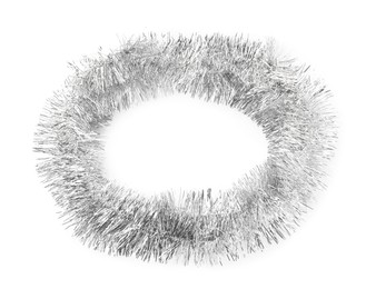 Shiny silver tinsel isolated on white, top view