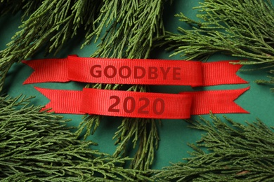 Photo of Red ribbons with text Goodbye 2020 and thuja branches on green background, flat lay