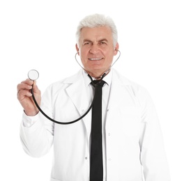Portrait of male doctor with stethoscope isolated on white. Medical staff