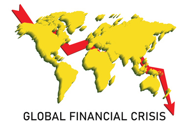 Illustration of chart and world map on white background. Coronavirus impact on global financial crisis