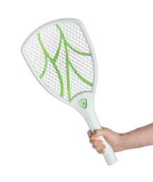 Photo of Man with electric fly swatter on white background, closeup. Insect killer