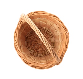Wicker basket with handle isolated on white, top view