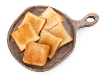 Photo of Board with slices of delicious toasted bread on white background, top view