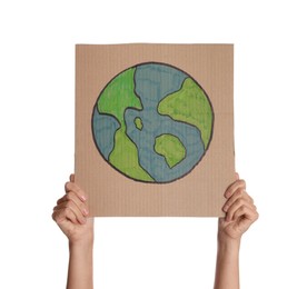 Protestor holding placard with drawing of Earth on white background, closeup. Climate strike