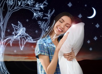 Beautiful Asian woman dreaming about fantastic world and fairy while sleeping, night starry sky on background