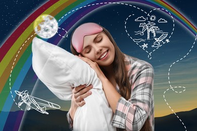 Beautiful woman dreaming about vacation while sleeping, night starry sky on background 