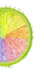Fresh lime slice with rainbow segments and water bubbles on white background. Brighten your life