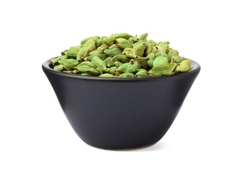 Photo of Ceramic bowl with dry cardamom seeds isolated on white