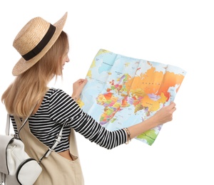Woman with map on white background. Summer travel