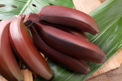 Delicious red baby bananas on wooden table, closeup view