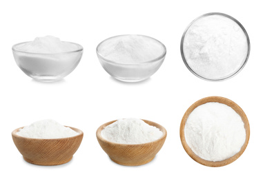 Set with bowls of baking soda on white background