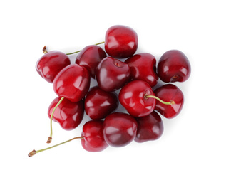 Tasty ripe red cherries isolated on white, top view