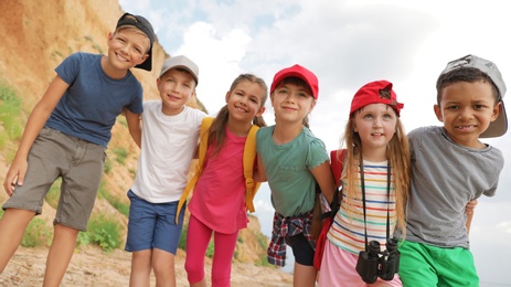 Cute little children outdoors on summer day. Camping trip