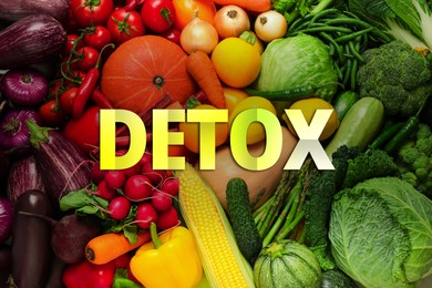 Image of Word Detox and many fresh vegetables on background, top view