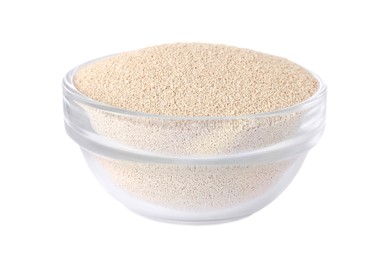 Photo of Glass bowl of active dry yeast isolated on white