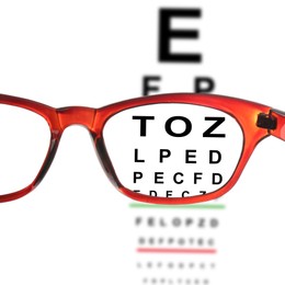 Image of View through glasses on eye chart, white background