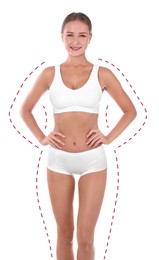 Young slim woman in underwear after weight loss on white background. Healthy diet
