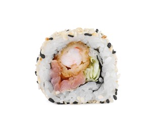Tasty sushi roll with shrimp isolated on white